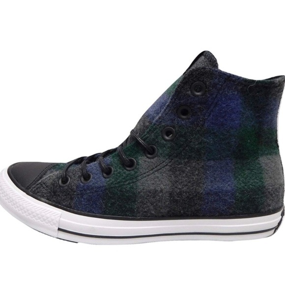 Converse High Top Sneakers Blue Plaid Wool Shoes - Picture 3 of 3